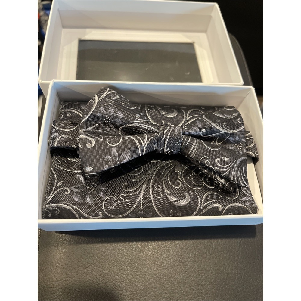 New formal Men's micro fiber Pre-tied Bow Tie & Hankie Black gray paisley party‎